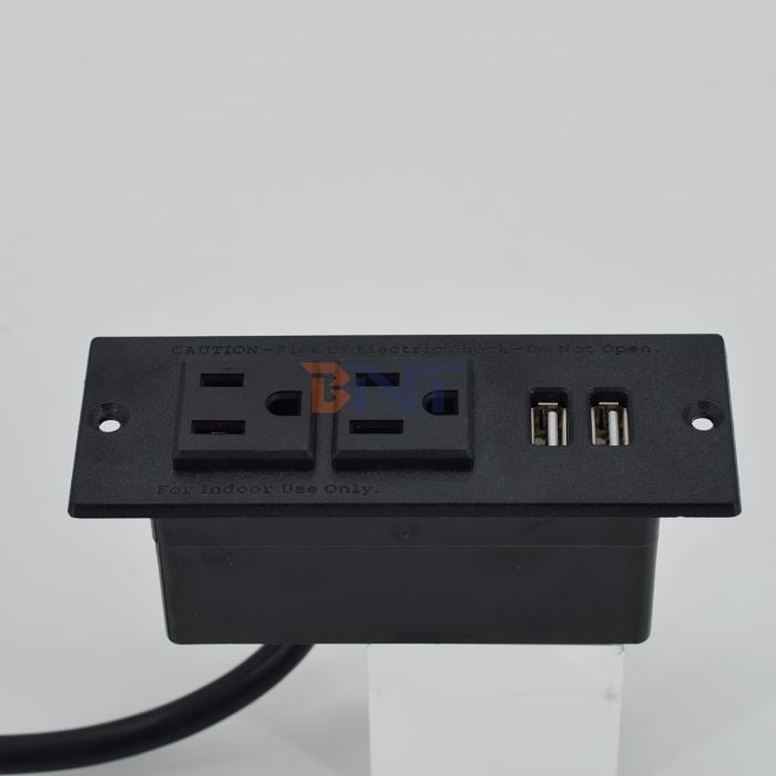 OEM/ODM Recessed Power Strip US standard Desk Mountable Power socket Behind Drawer 2 Outlets & 2 USB Type A socket for Cabinet Sofa