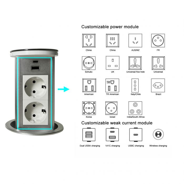 OEM/ODM Recessed Tabletop Pop Up Socket with 2 AC Outlets and USB Ports Concealed Power Socket Outlet for Office Desk