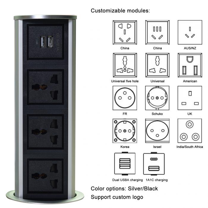 OEM/ODM 3 universal power +2 usb port vertical motorized lift kitchen pop up power socket touch pop up type kitchen waterproof socket