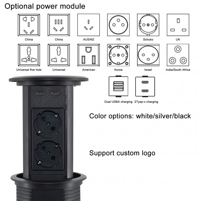 OEM/ODM Electric Pop-Up Power Sockets Double side design 4 AC Outlets with dual USB A+C charge & wireless charger for Office Desk