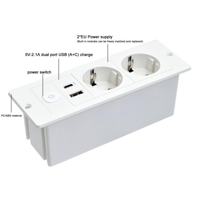 OEM/ODM ABS EU Standard 5V 2.1A Power USB A+C Charging Socket Built-In Desk/Sofa Hotel/Bar/Meeting Room Outlet Compatible US/EU