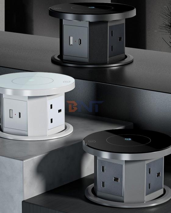 Electrical Desktop Pop up Power Socket Wifi Motorized Lifting Power Outlet With Wireless Charging Hidden Tabletop Socket