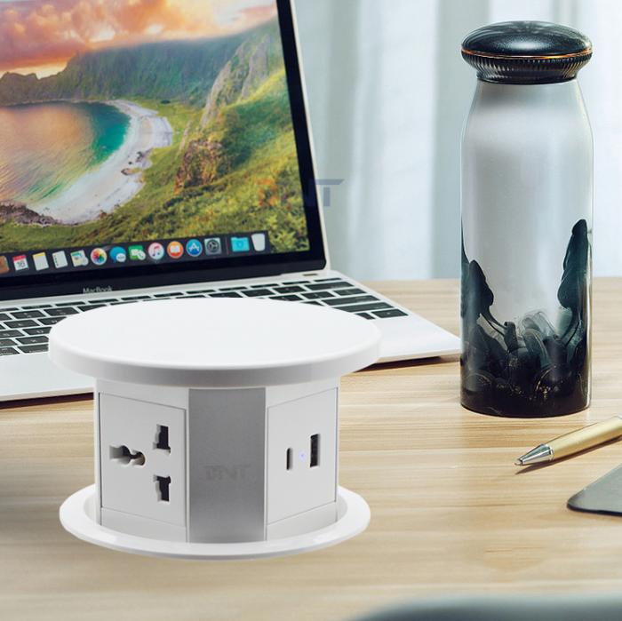 New Motorized pop up power socket Pneumatic Lift Desktop Socket Top with fast charging USB A+C 15W Wireless Charging