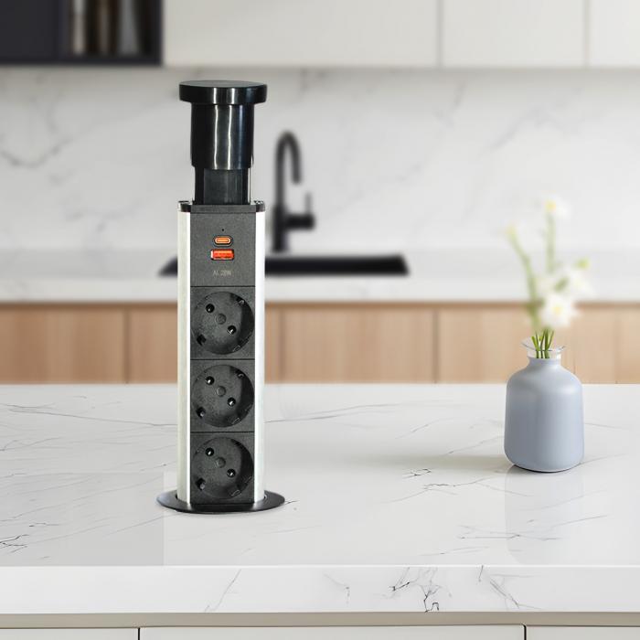 Modern Style Hidden Tabletop Pop up Kitchen Sockets with 3EU Power Outlets & With Wireless Charger