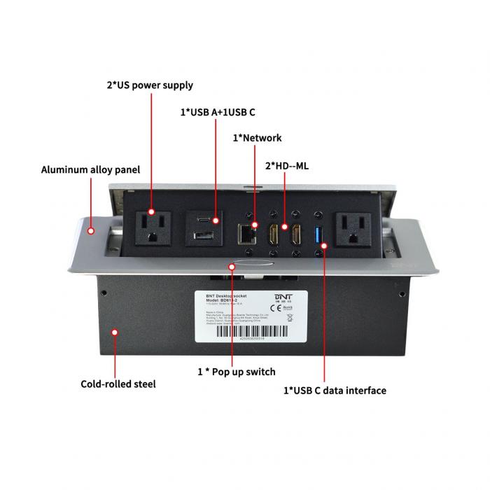 For UL Approved Smart Office Aluminum Alloy Pop-up Tabletop Power Socket with Modular Configurations