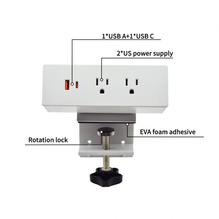 Multi-Functional 2 AC Outlets USB A+C US Power Fast Charge Desktop Clamp Socket Power Strip