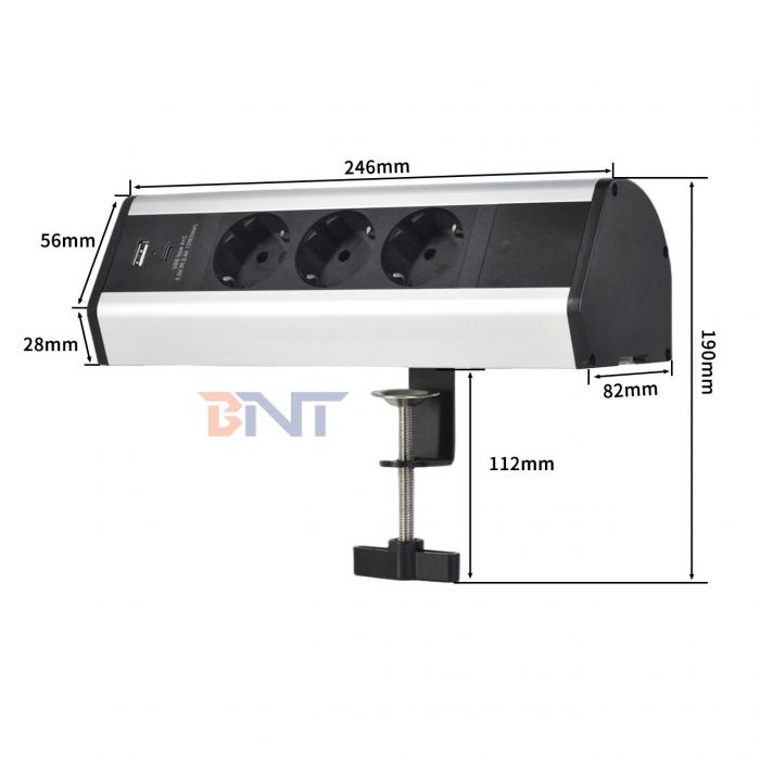 Adhesive clip design Desktop Clamp Socket Power Strip With 2 IS AC Outlets USB A+C PD 20W Fast Charge