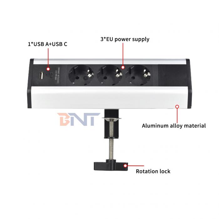 Adhesive clip design 3 EU AC Outlets USB A+C Fast Charge Desktop Clamp Socket Power Strip