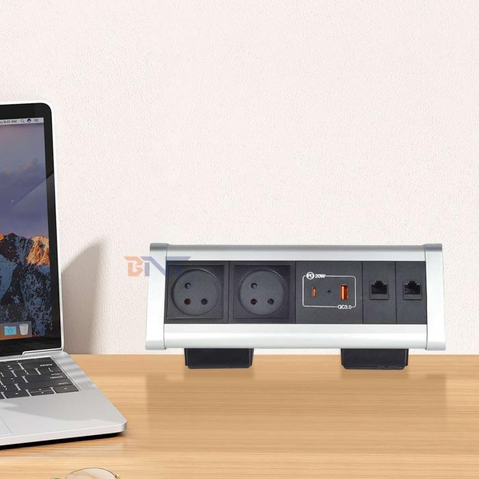 Adhesive clip design Desktop Clamp Socket Power Strip With 2 IS AC Outlets USB A+C PD 20W Fast Charge