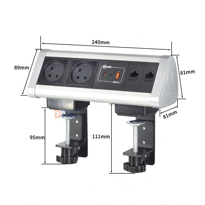 Adhesive clip design Desktop Clamp Socket Power Strip With 2 IS AC Outlets USB A+C PD 20W Fast Charge
