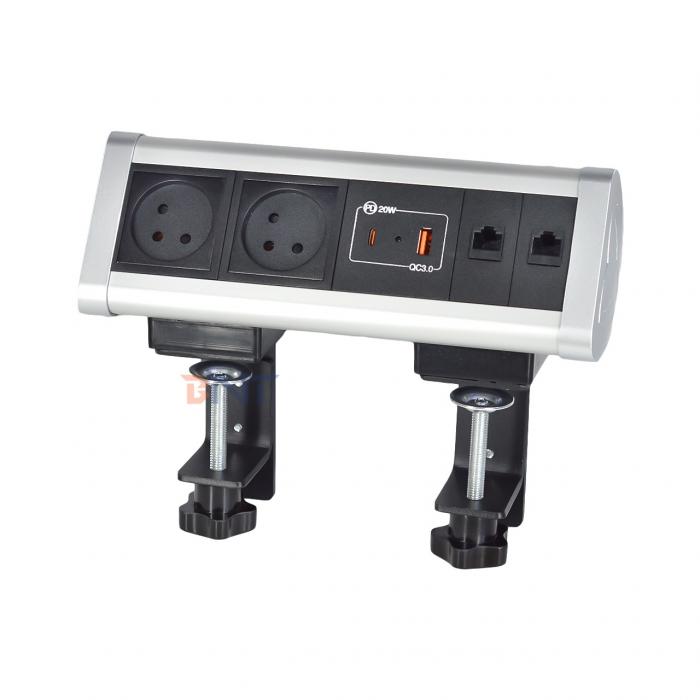 Adhesive clip design Desktop Clamp Socket Power Strip With 2 IS AC Outlets USB A+C PD 20W Fast Charge