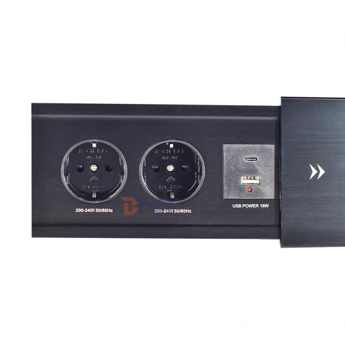 Slip-Open Euro Tabletop Electric Power Socket 2 AC Outlets USB A+C IP44 16A Rated Current for Office Use EU Plug Standard