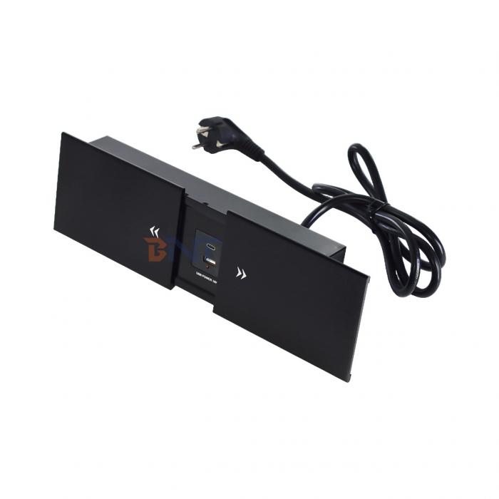 Double Silp Open Euro Tabletop Electric Power Socket Slip-Open 2 AC Outlets & USB A+C IP44 for Office Use
