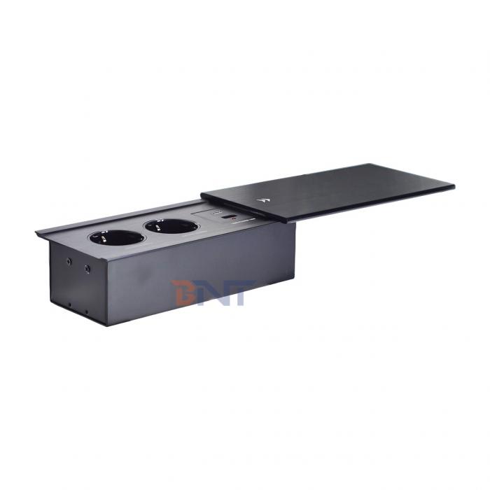 Slip-Open Euro Tabletop Electric Power Socket 2 AC Outlets USB A+C IP44 16A Rated Current for Office Use EU Plug Standard