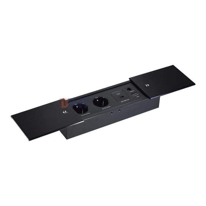 Double Silp Open Euro Tabletop Electric Power Socket Slip-Open 2 AC Outlets & USB A+C IP44 for Office Use
