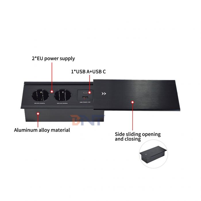 Slip-Open Euro Tabletop Electric Power Socket 2 AC Outlets USB A+C IP44 16A Rated Current for Office Use EU Plug Standard