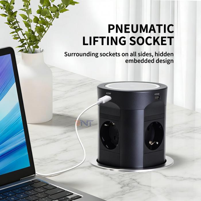BNT Tabletop Office Commercial Use 4 AC Power Pneumatic Pop-Up Desktop Socket Kitchen Socket with Dual USB A+C Port PD45W Charge