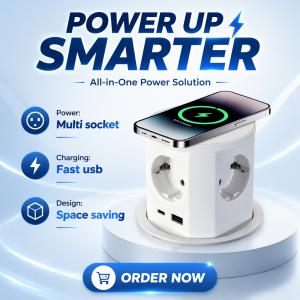 BNT Tabletop Office Commercial Use IP44 4 AC Power Outlets 16A ABS Pneumatic Pop Socket USB A+C Ports PD20W Charge