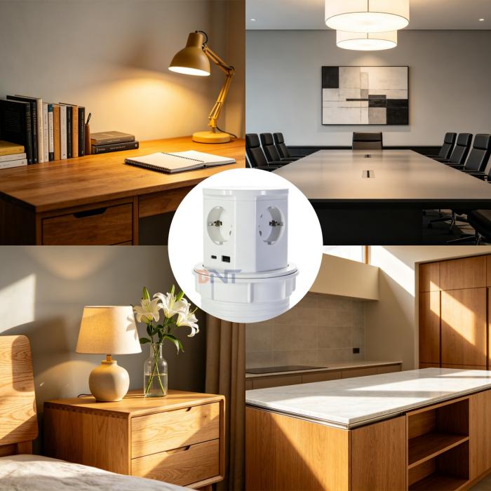 BNT Tabletop Office Commercial Use IP44 4 AC Power Outlets 16A ABS Pneumatic Pop Socket USB A+C Ports PD20W Charge
