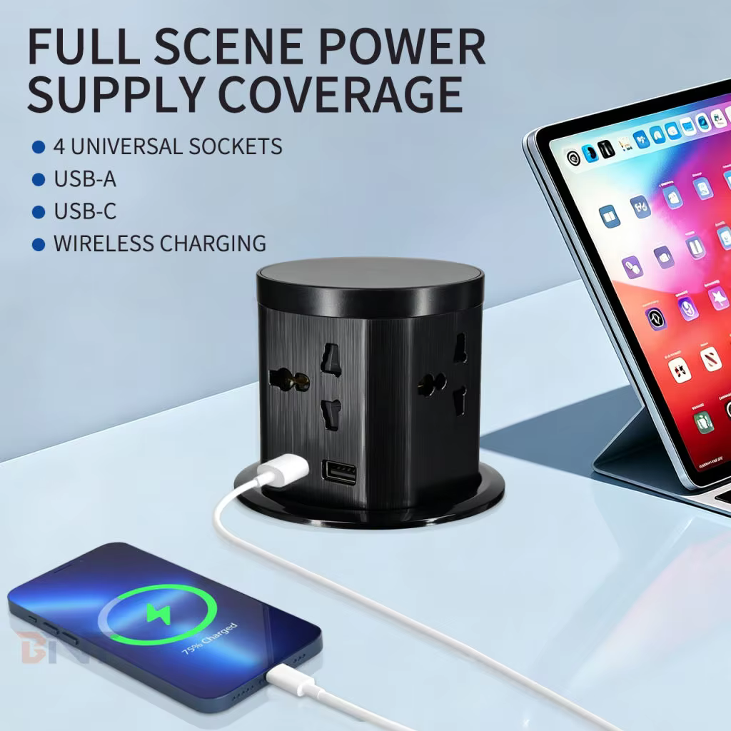 Pop-up desk socket in use on an office desk