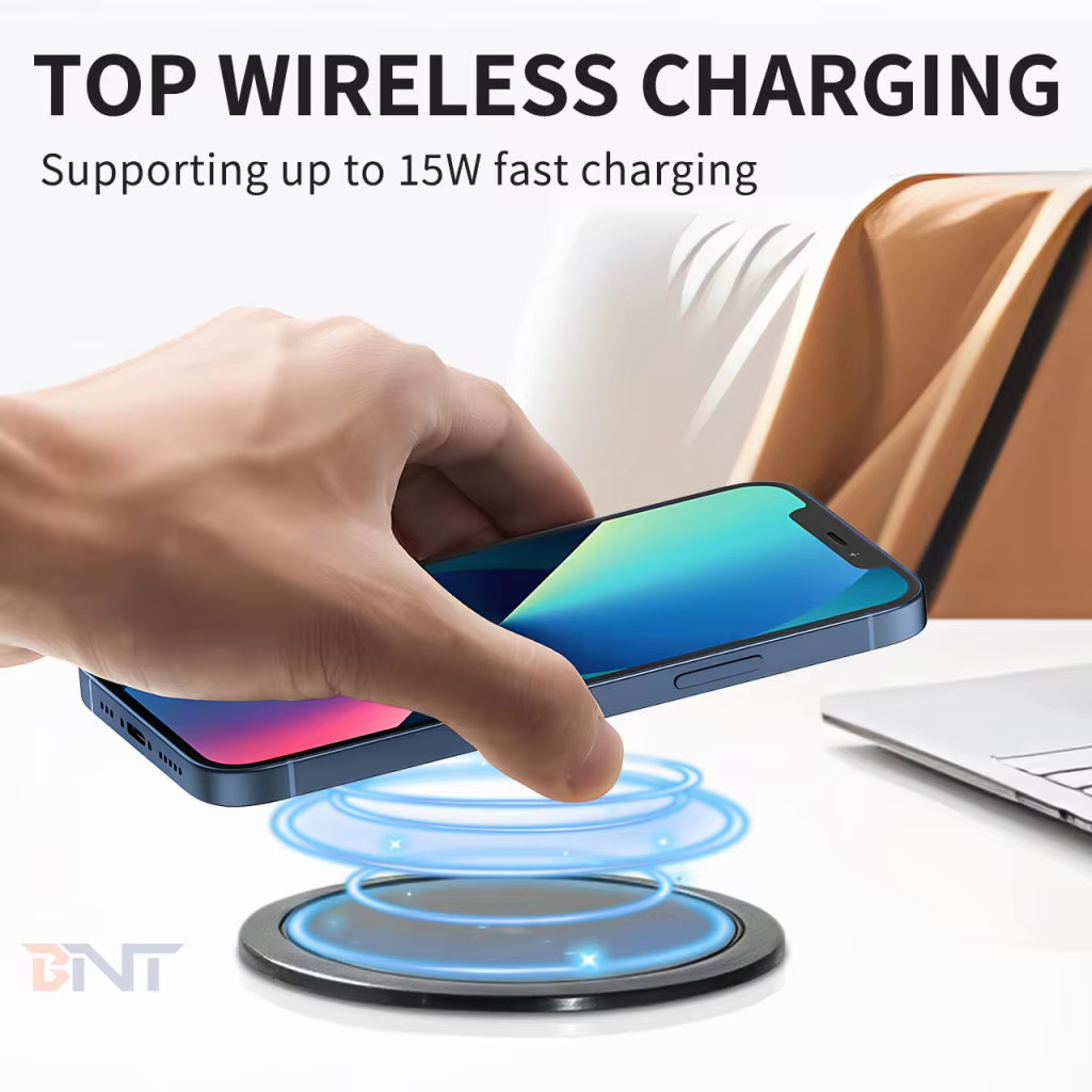 Wireless charging on the pop-up socket top plate