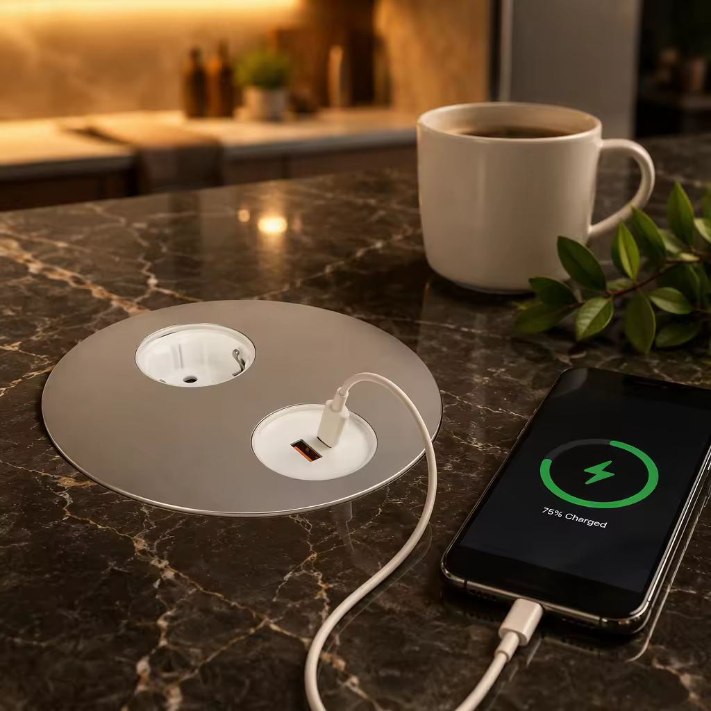 146 mm Round Flip-Lid Desk Socket, EU + USB-A/C
