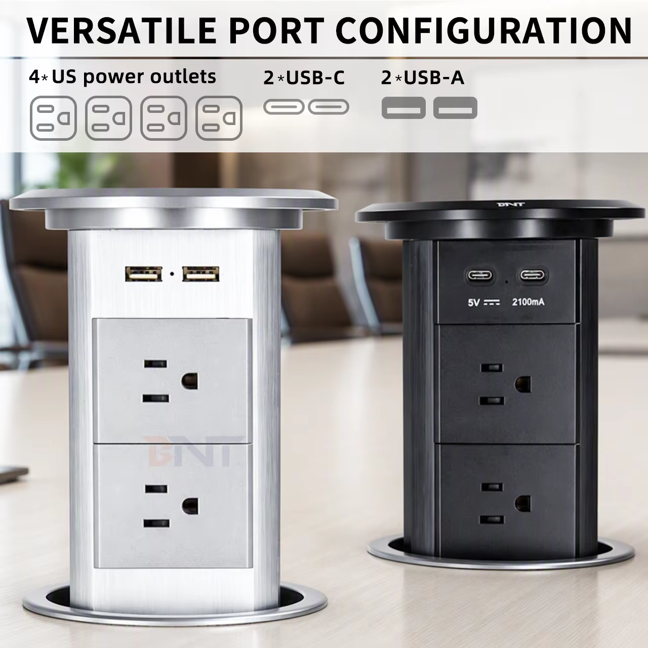 Port layout: four AC outlets, two USB-A and one USB-C