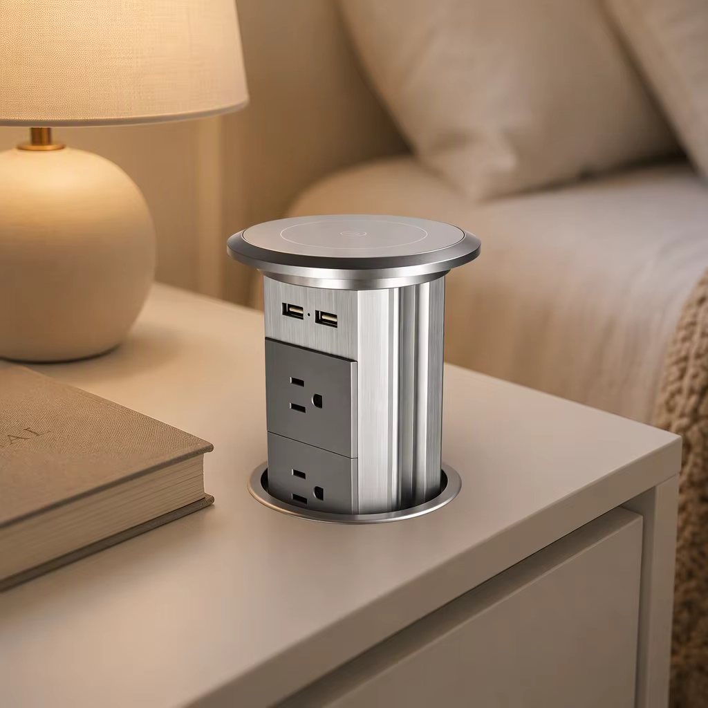 Motorized Pop-Up Table Socket with Four AC Outlets, USB-A/C and Wireless Charging