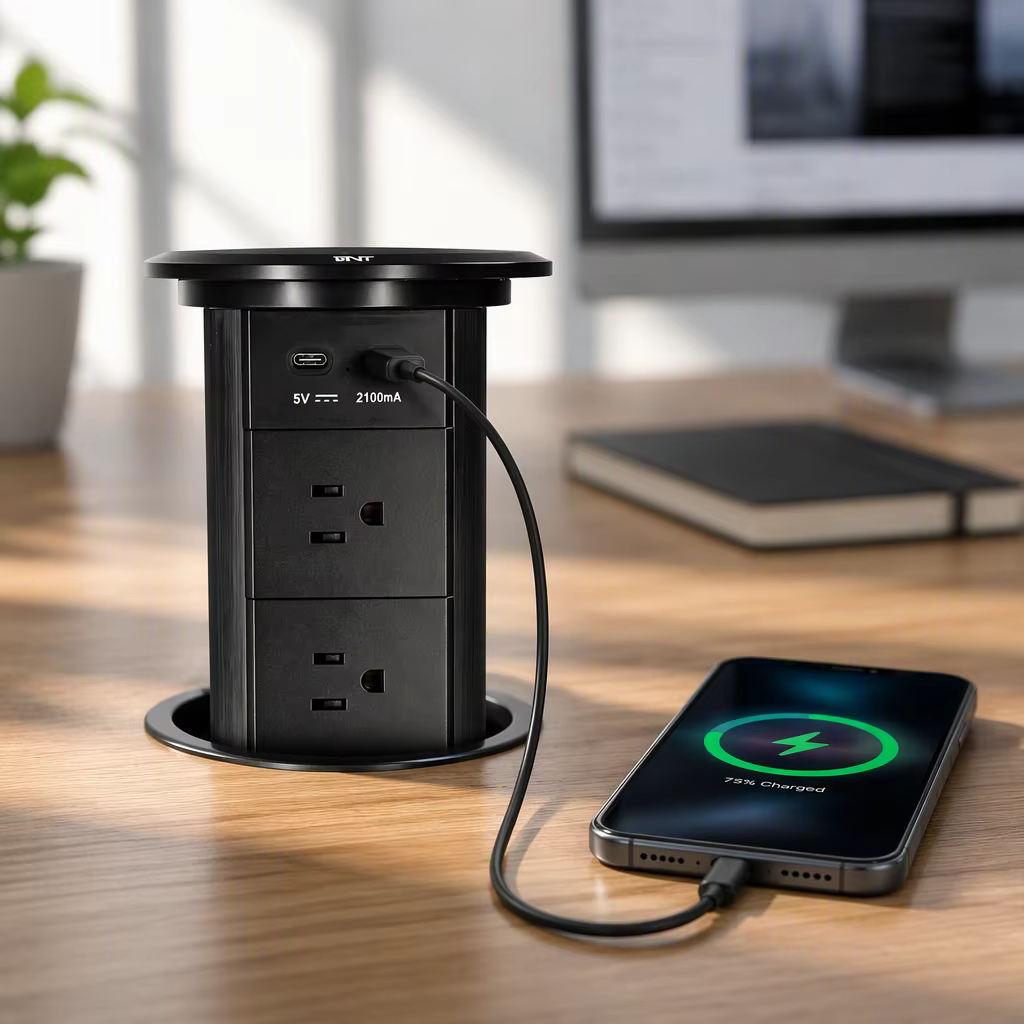 Motorized Pop-Up Table Socket with Four AC Outlets, USB-A/C and Wireless Charging