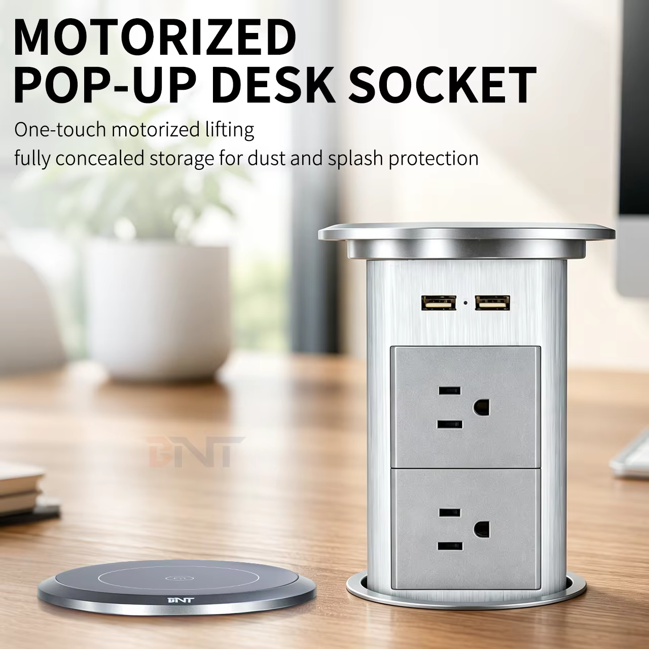 Motorized pop-up socket raised on a kitchen counter
