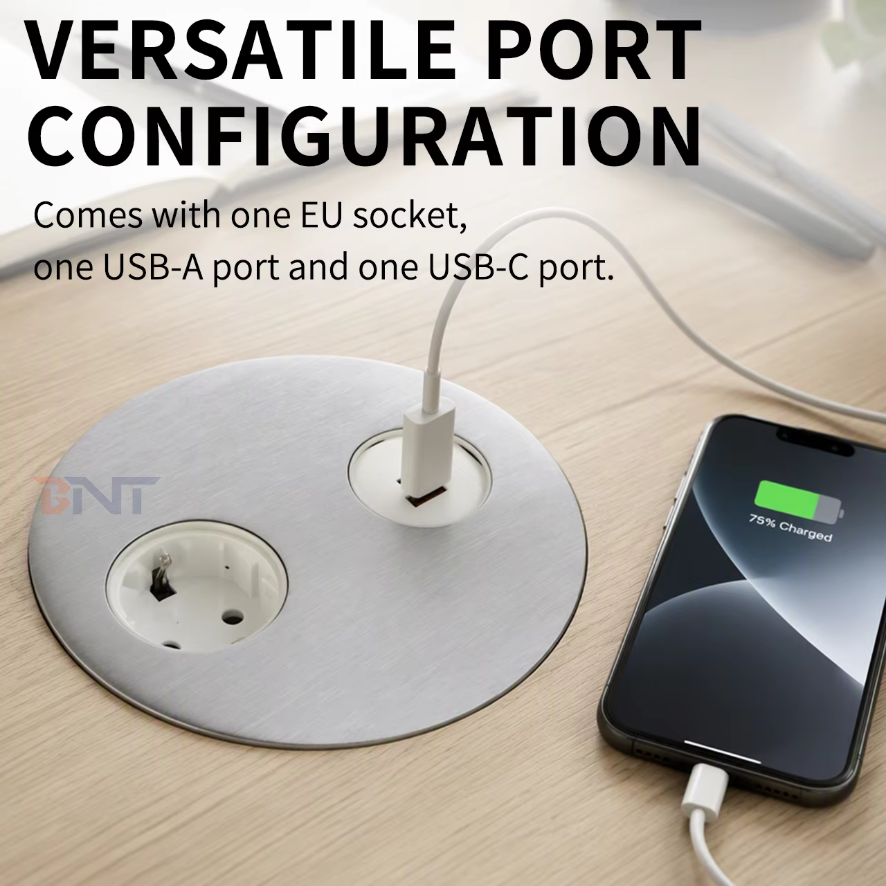 146 mm Round Flip-Lid Desk Socket, EU + USB-A/C