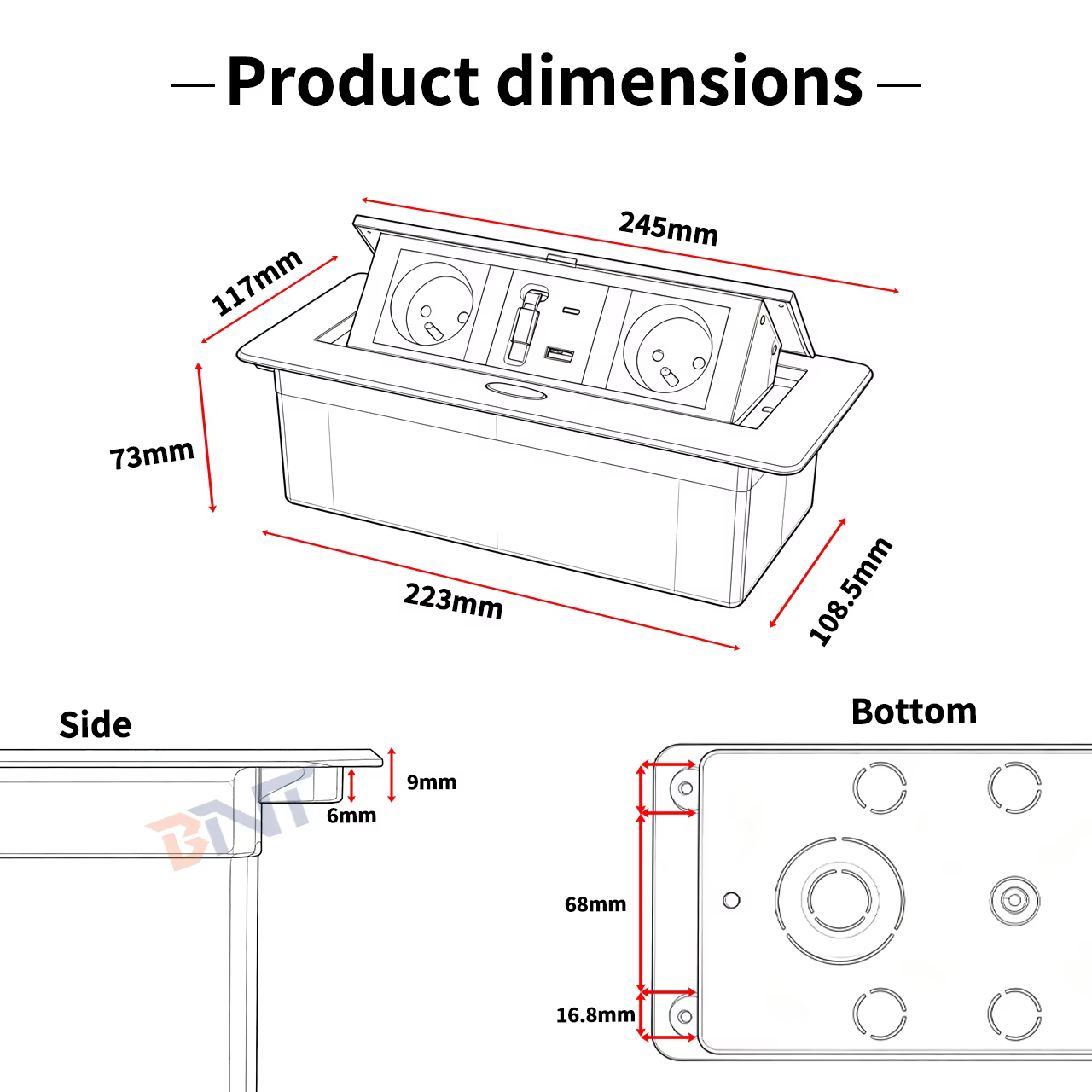 Retractable Cable Table Socket, 2 EU + USB (BD680-3)